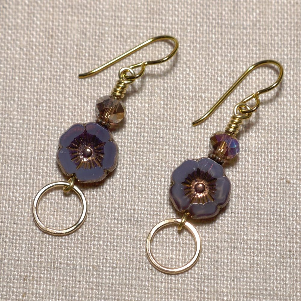 Hand Crafted Handmade Earrings Lavender Czech Glass Flower Hibiscus Earr…